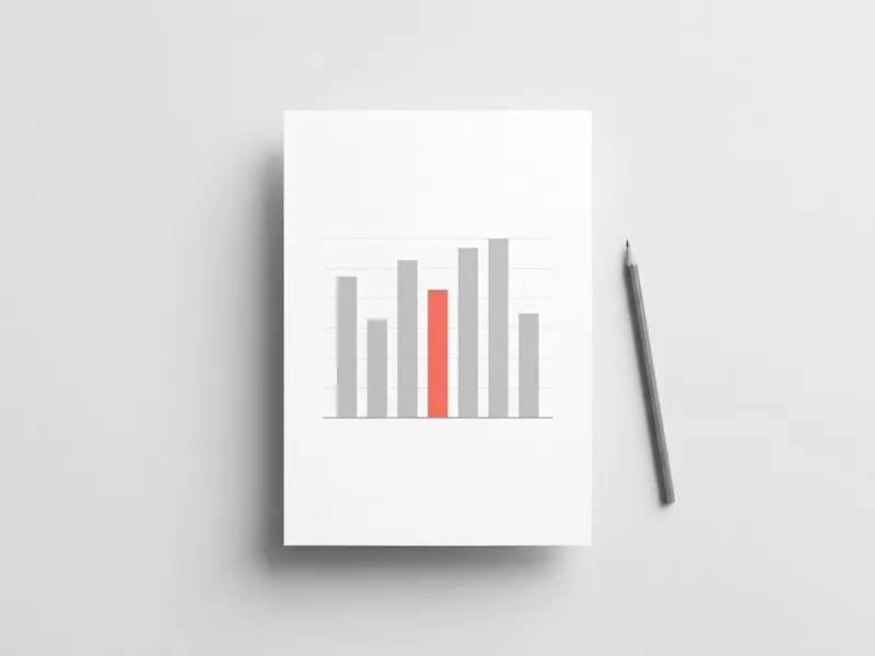 A printed bar chart on a sheet of paper with a pencil beside it, one bar in red