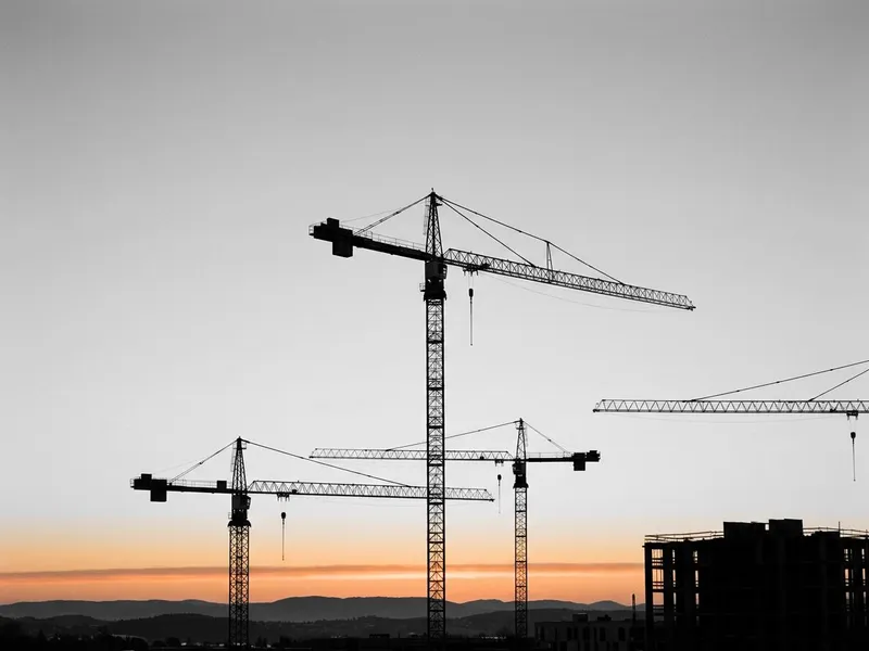 Tower cranes over a construction site at dawn